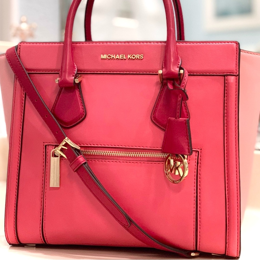 RARE MICHAEL KORS Colette Satchel Leather Large Color-Block Zip Closure - Picture 11 of 14
